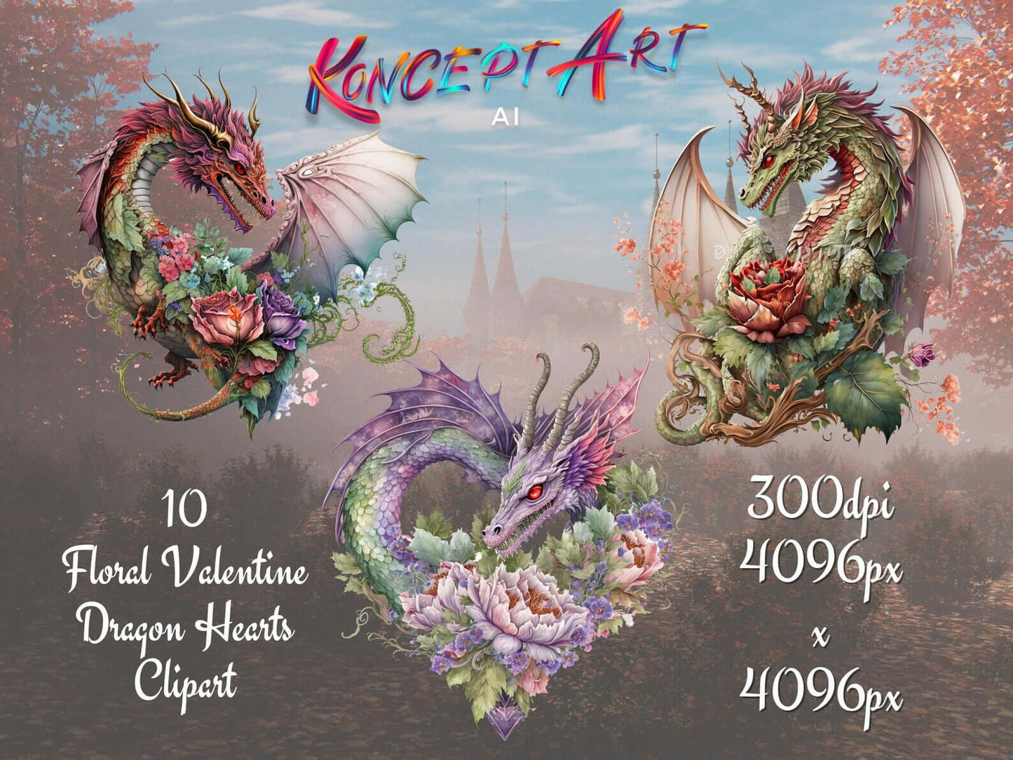 Floral Valentine Dragon Heart Clipart Bundle