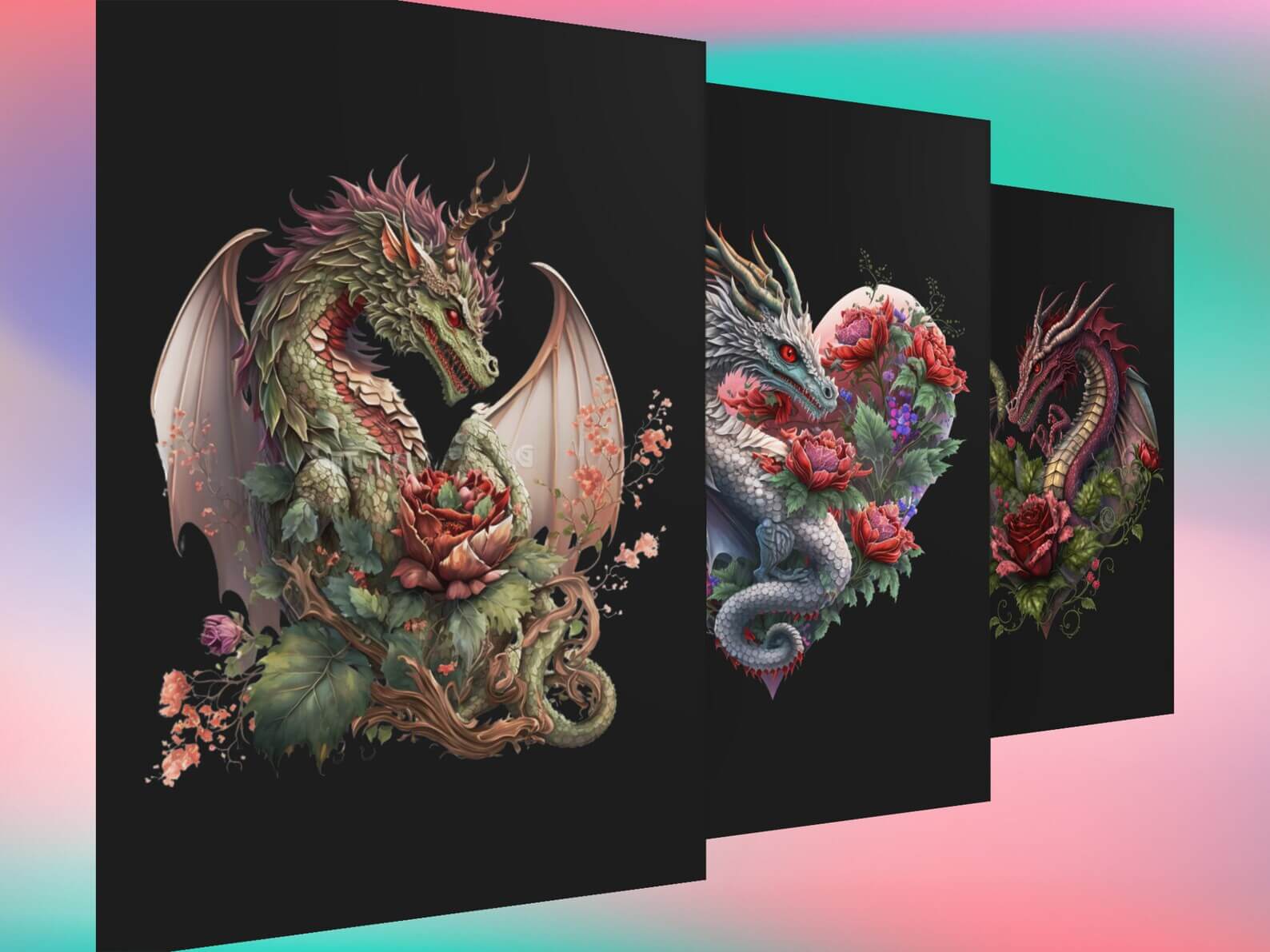 Floral Valentine Dragon Heart Clipart Bundle